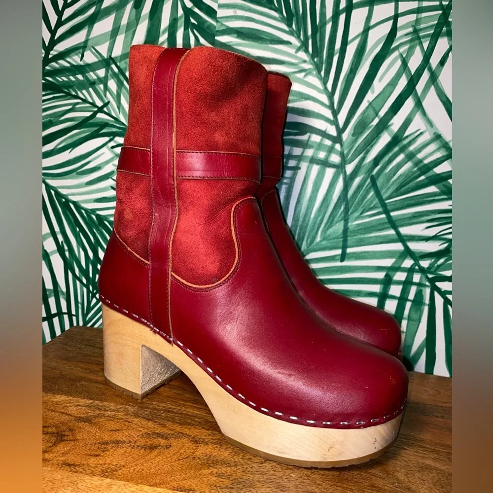 Sweedish Hasbeens Red Leather Shearling Wood Platform Ankle Boots Women’s 39/9 - Picture 2 of 13